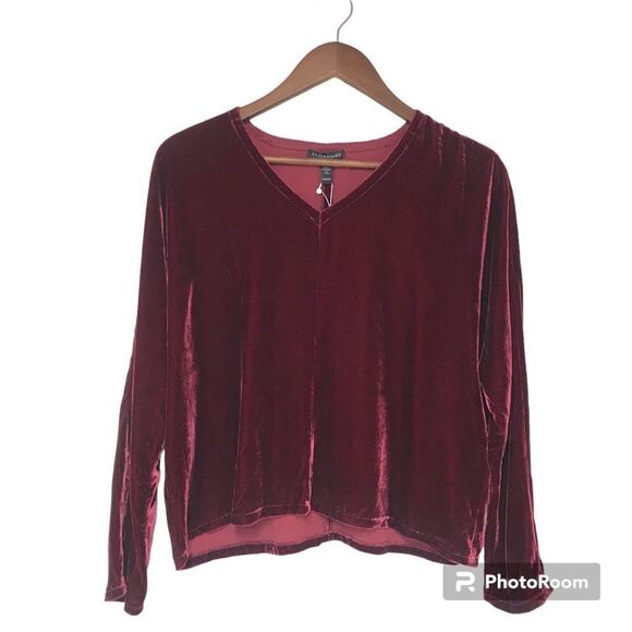 EILEEN‎ FISHER Red Velvet Dolman Sleeve Blouse Boxy Top Silk Blend XXS New - Picture 1 of 9
